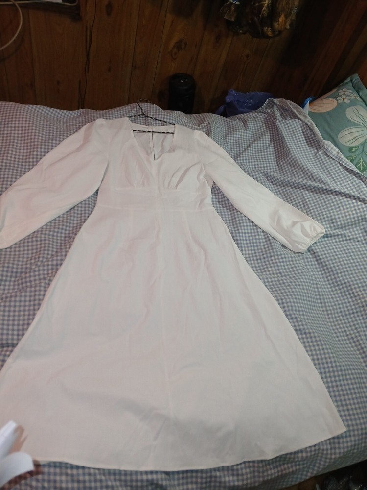 Womens White Size XL Long Sleeve V-Neck Lantern Sleeve Midi High Waisted Flowey