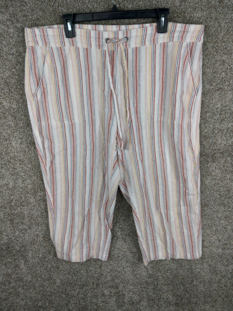 Per Se Linen Blend Pull On Capri Pants Women 1X Plus Multicolor Pinstripe