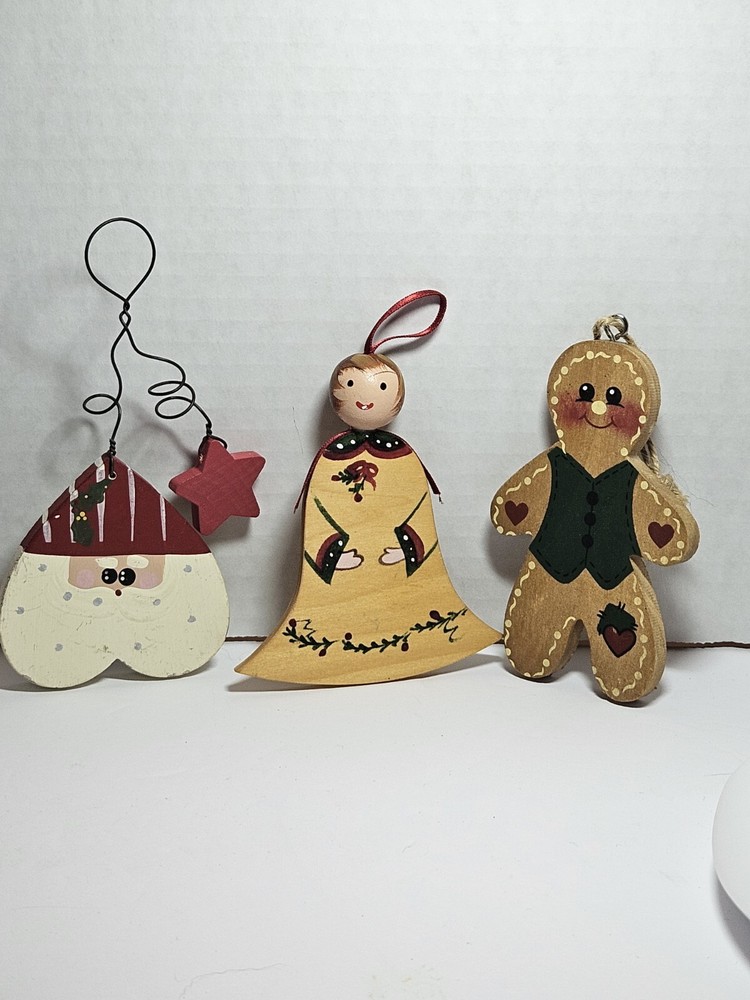 Vintage wooden Hand Painted Christmas ornaments/ Santa, Angel. Gingerbread Man