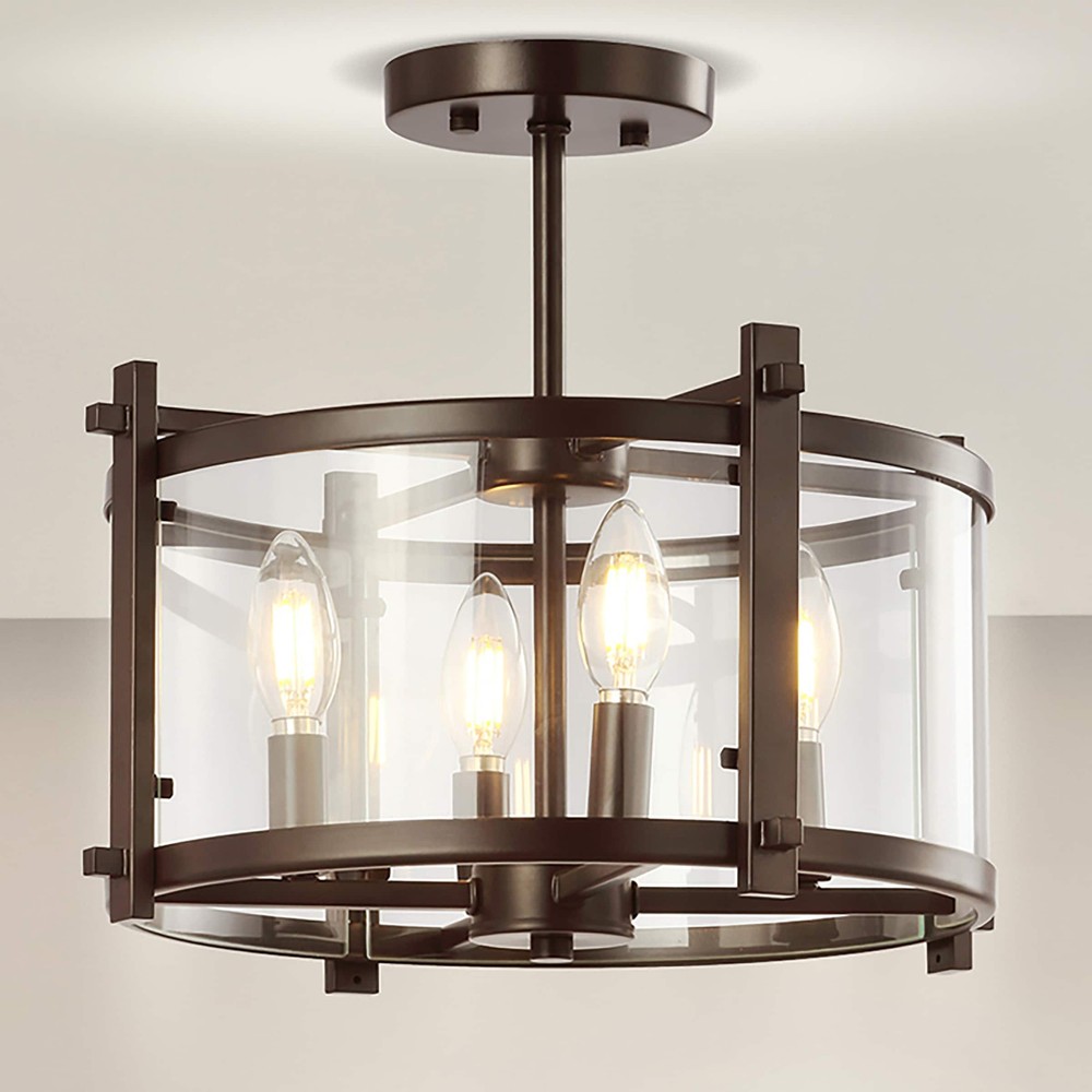 15-Inch Herndon Modern Drum LED Flush Mount in Iron and Glass with Oil-Rubbed Finish  