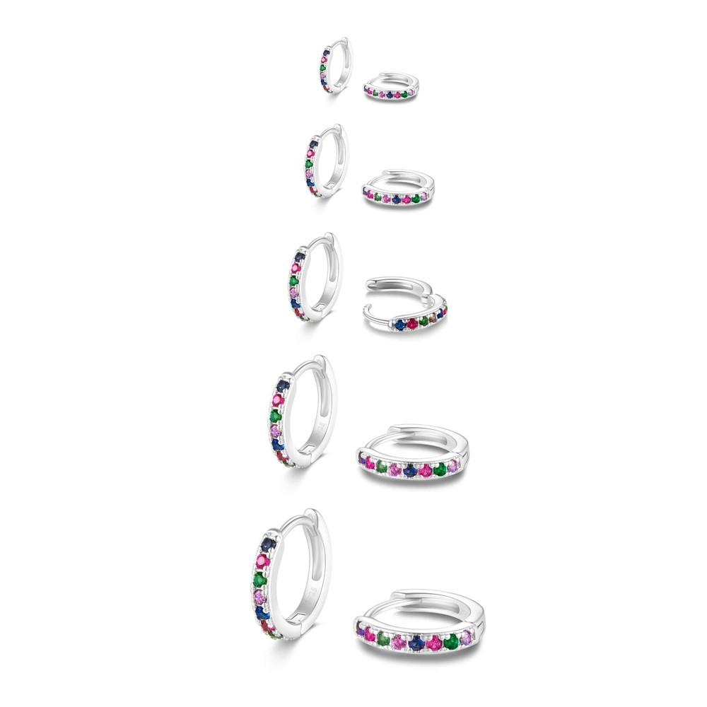Tiny White Gold Huggie Hoop Earrings 5 Pairs with CZ Sparkle  
