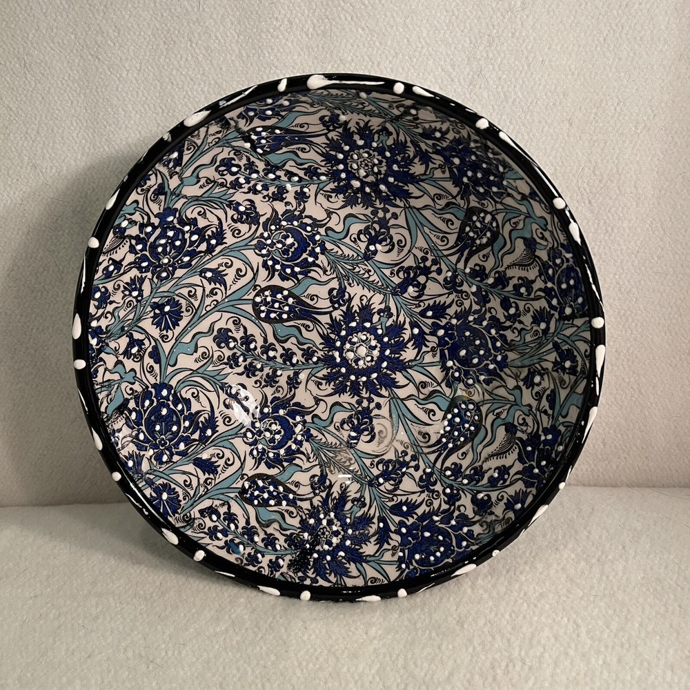 Turkish Ceramic Serving Bowl Handpainted Floral Motif In Blue, White, Black