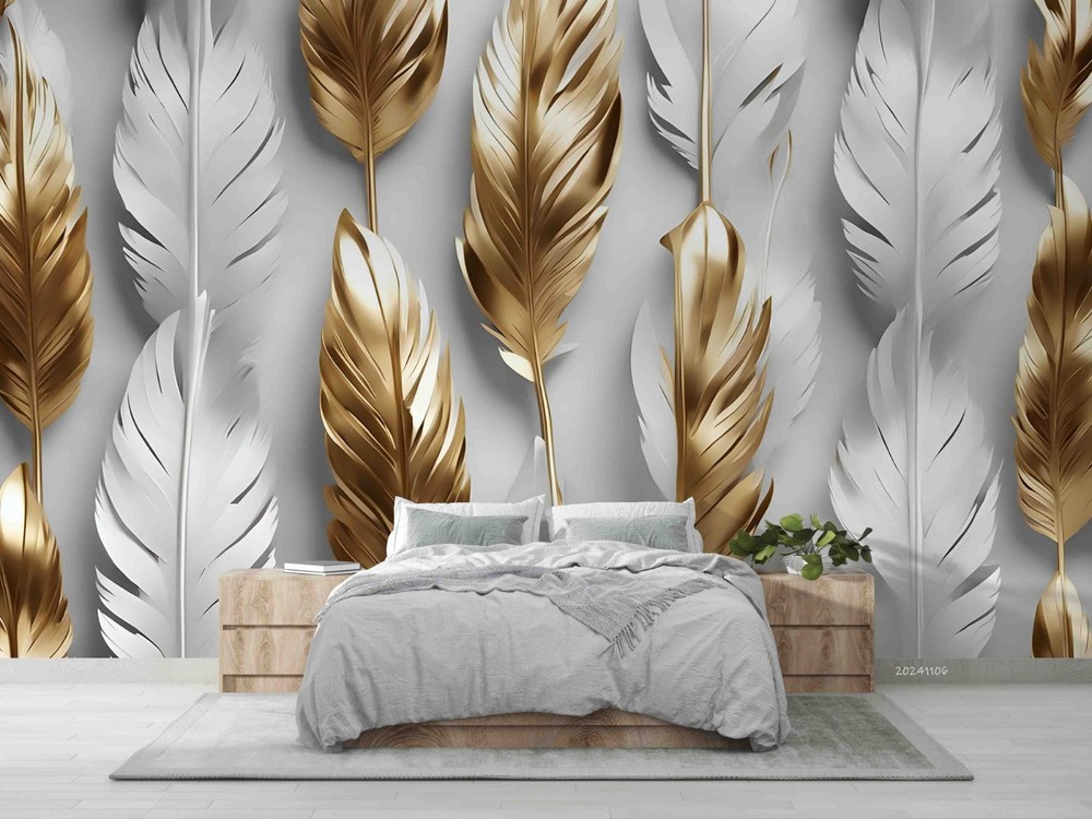 3D Gold White Feathers Decoration Wall Murals Wallpaper Murals Wall Sticker