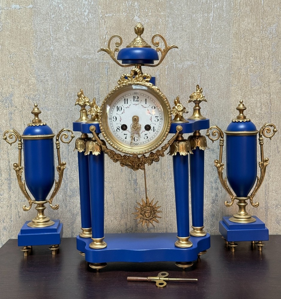 Antique French Portico Clock Set Garniture Urns Blue Gold MC Paris Movement