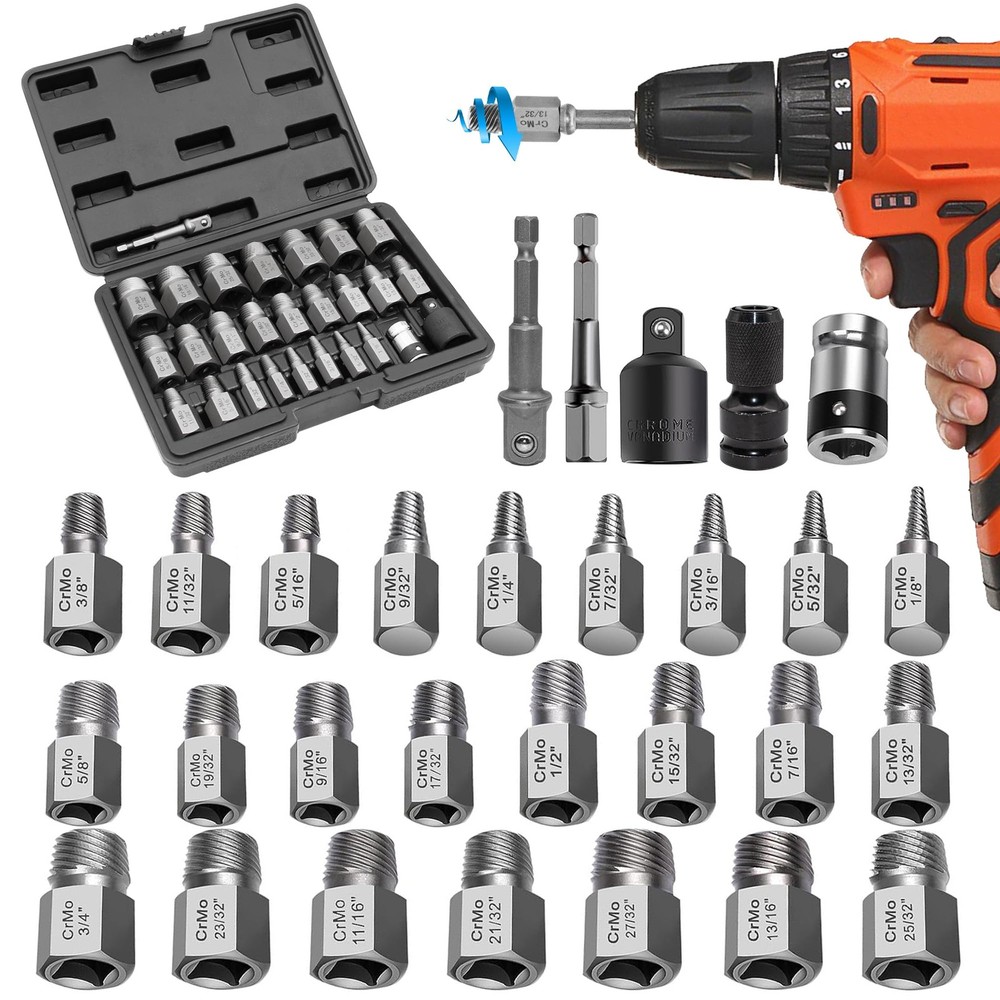29 Piece Bolt Extractor Kit,Easy Out Stripped Screw Extractor Set For Removin...