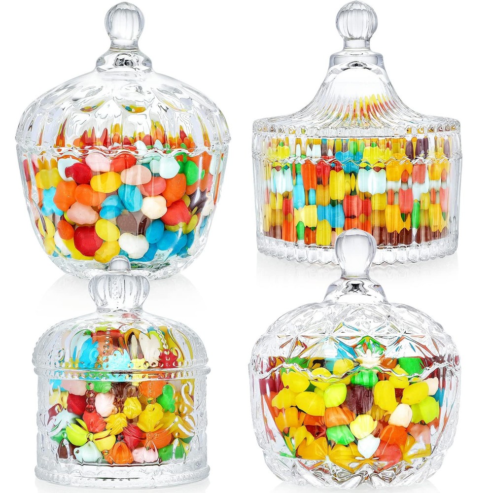 Elegant Set of 4 Glass Candy Dishes with Lids – Crystal Jars for Candy or Jewelry Storage