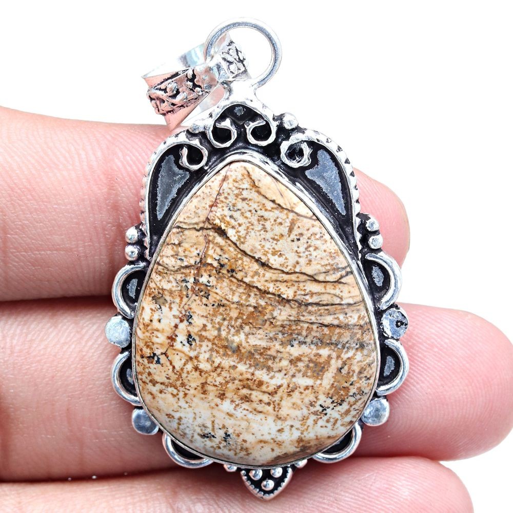 Handmade Mother's Day Silver Pendant with Picture Jasper Gemstone 2.25 Inch