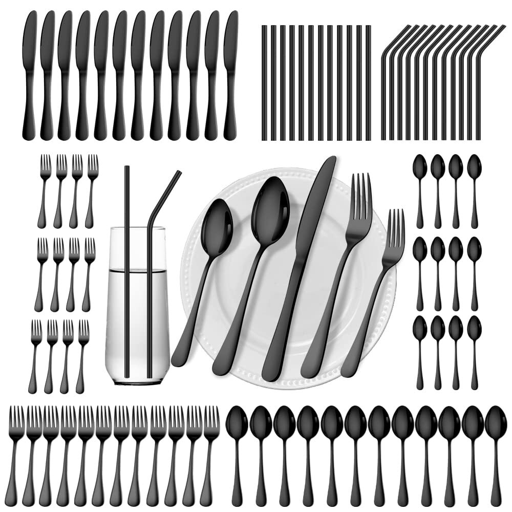 84-Piece Black Silverware Set for 12 with Stainless Straws and Flatware