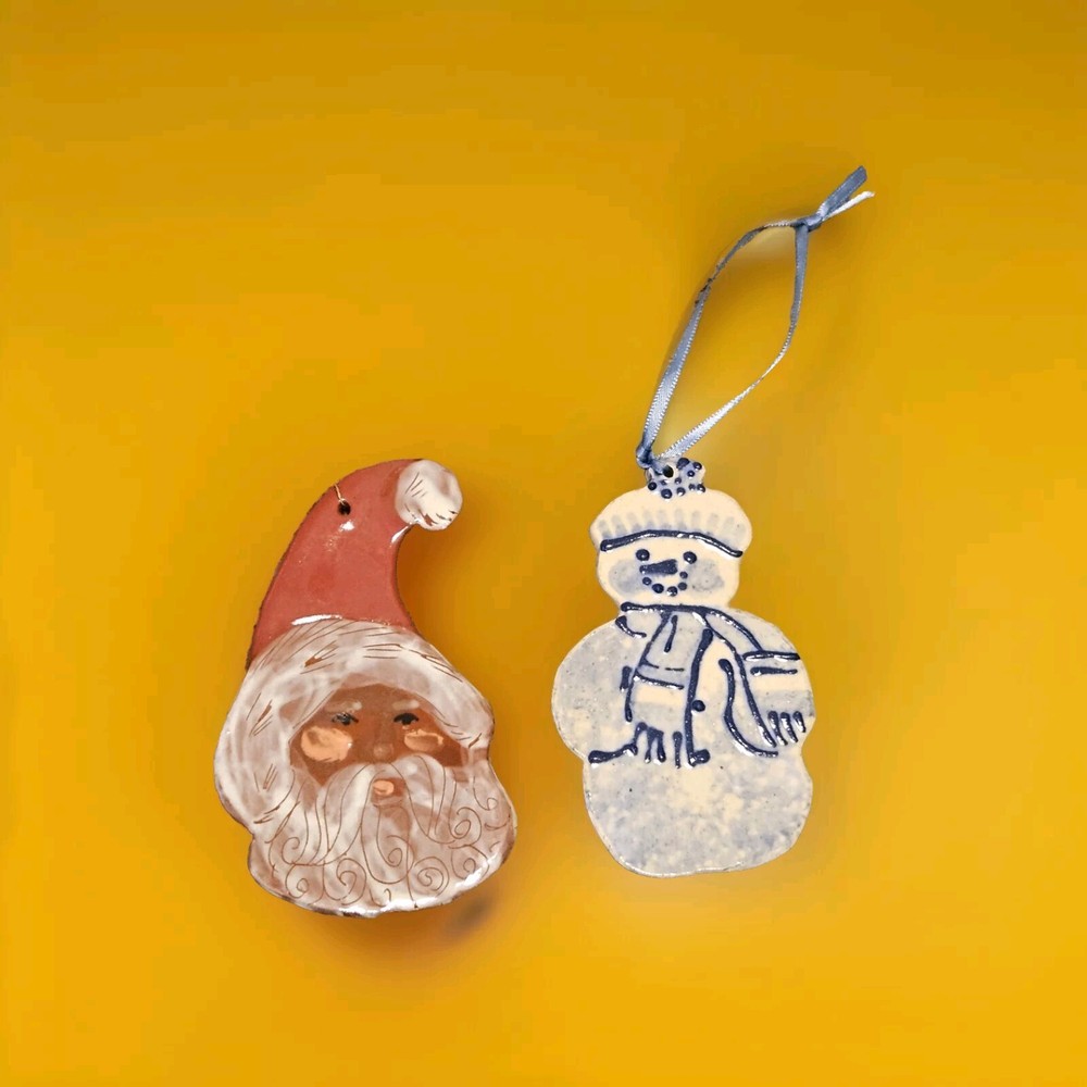 Santa and Snowman Flat Christmas Ornament Set in Polish Pottery from Poland