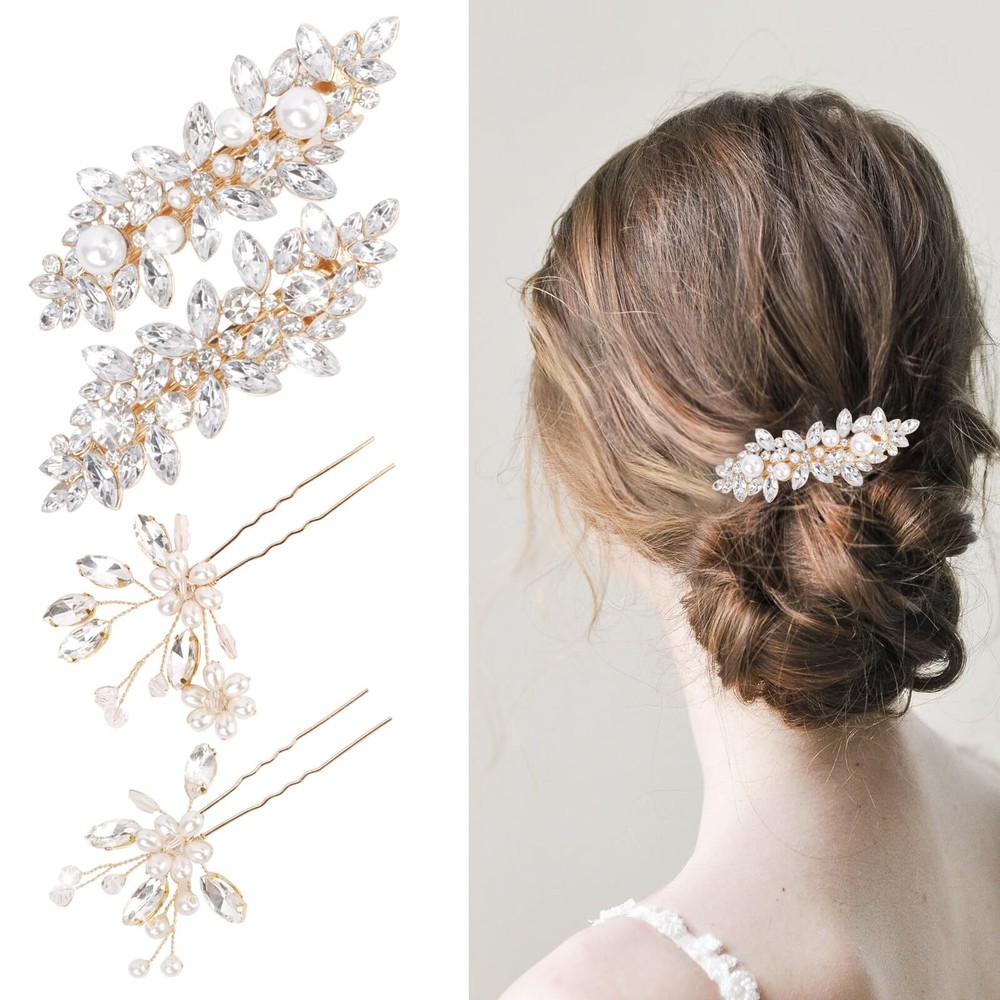 Tihebax Rhinestone & Pearl Hair Clips for Women Wedding Bridal Accessories