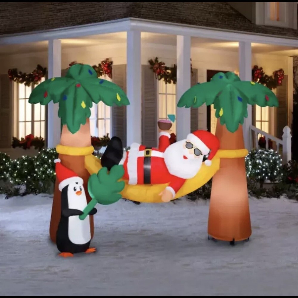 9ft Santa Claus Hammock Inflatable with Palm Trees for Christmas Yard Decor