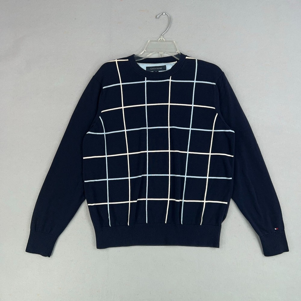 Tommy Hilfiger Navy Blue Check Pullover Sweater for Men Medium Preppy Style