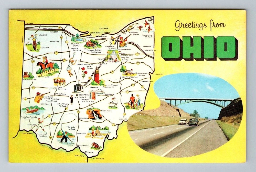 OH-Ohio, Greetings, Map Landmarks, Vintage Postcard