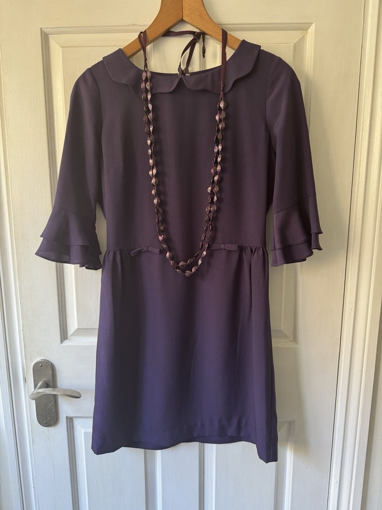 Used Woman Oasis UK 8 EU 34 Dress with Scalloped Collar Fluted Cuffs Bows Necklace