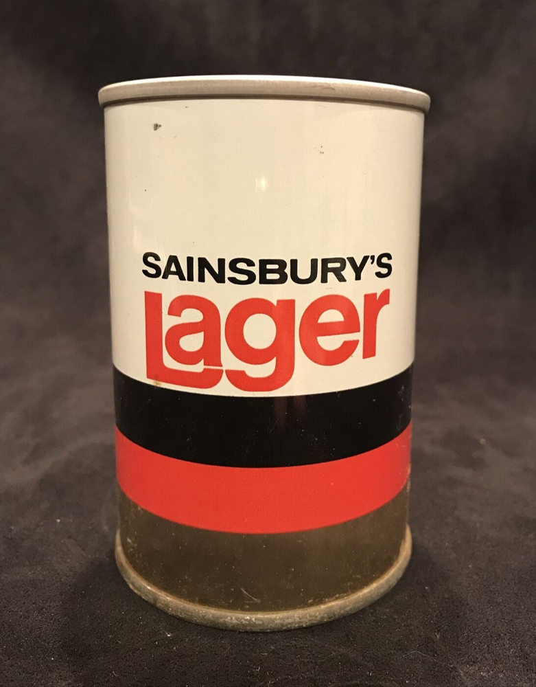 Vintage Sainsbury Lager Beer Can Brewed in England Bottom Opened Straight Side