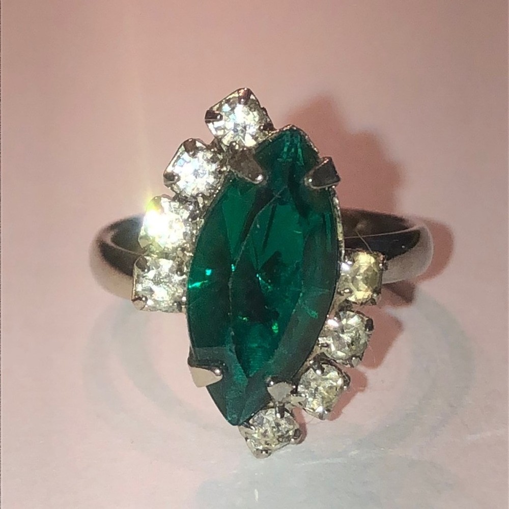 Vintage Boho Green CZ Rhinestone Adjustable Silver Tone Ring