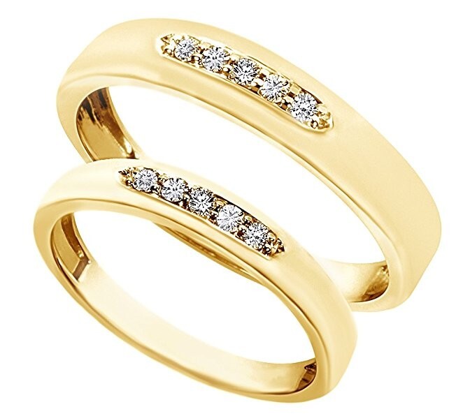 0.10ct Round Cut Moissanite  Wedding Band Ring Set 14K Yellow Gold Plated Silver