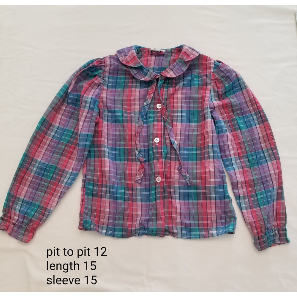 Girls Plaid Ruffle Button Up long Sleeve Shirt Vintage 70s