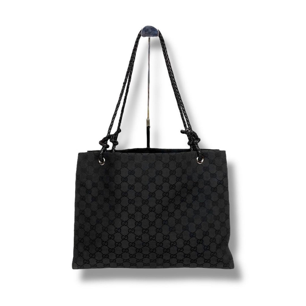 Gucci GG Canvas Tote Bag with Braided Leather Trim in Black Large Handbag
