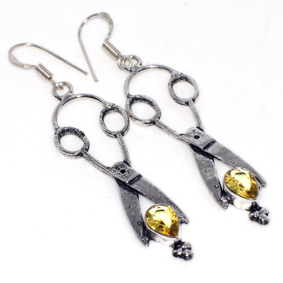 Citrine 925 Silver Plated Scissors Gemstone Handmade Earrings 2.7 Inch Jewelry