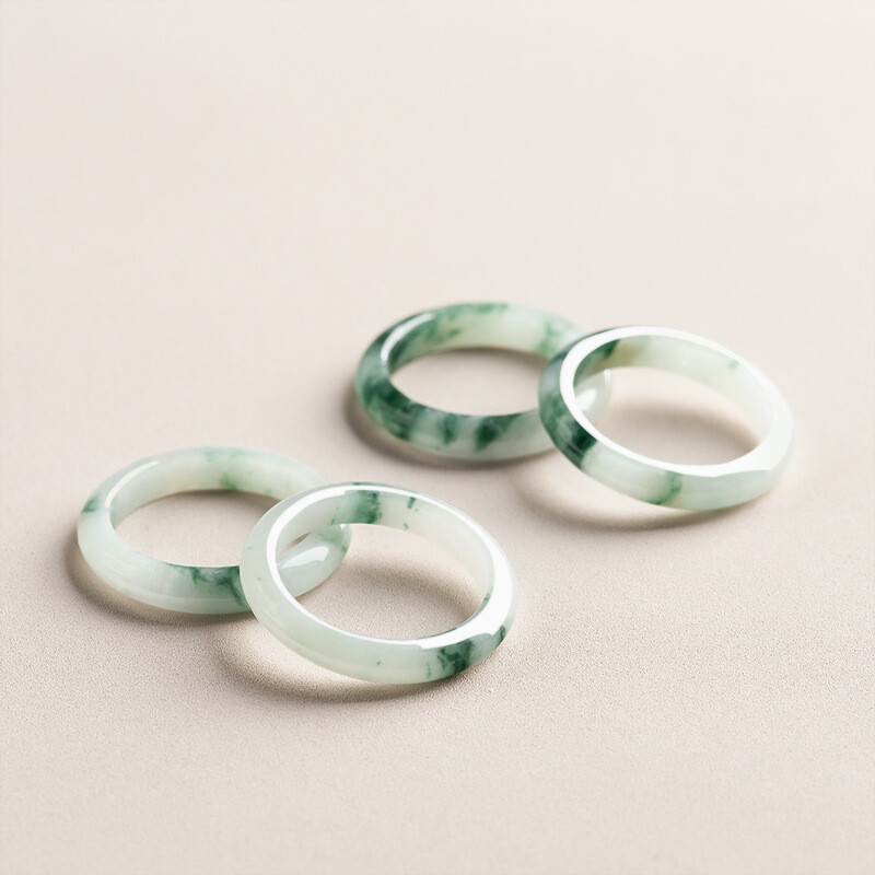Myanmar A-Grade Jadeite Floating Flower Ring for Couples Handmade 8#