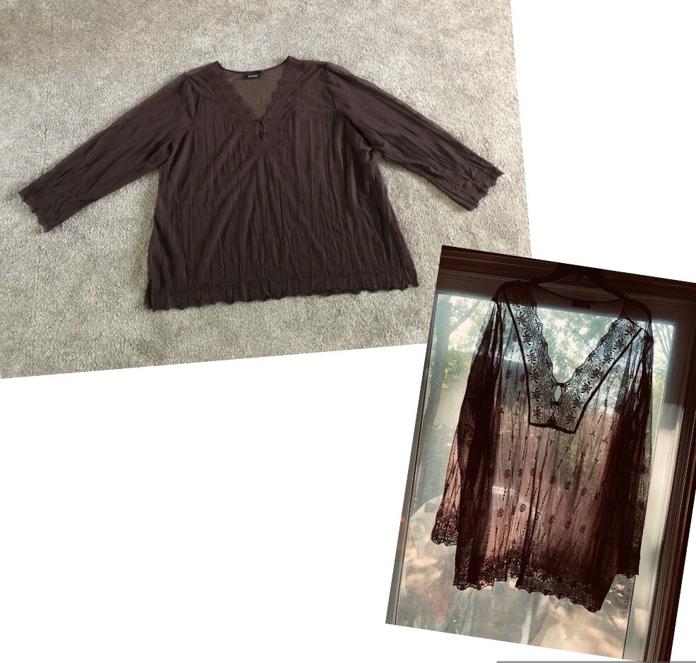 Avenue Mesh Embroidered Top Blouse Size 26/28 🛍️Casual Chic Brown Stretch Sheer