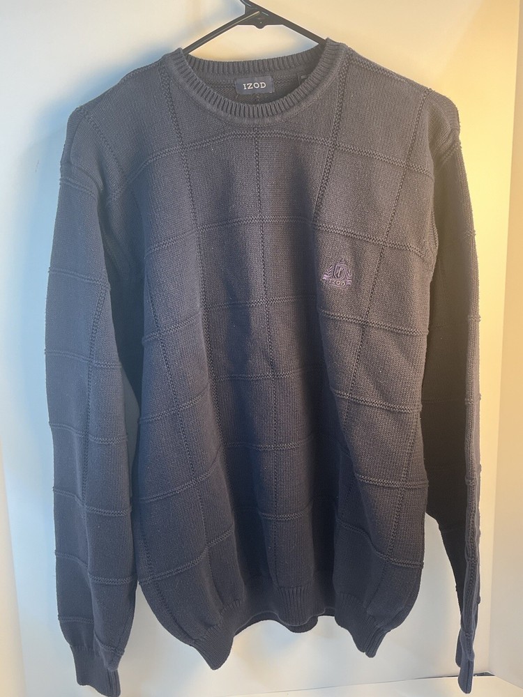 Vintage Izod Cable Knit Cotton Sweater Pullover Mens Size M Navy Blue