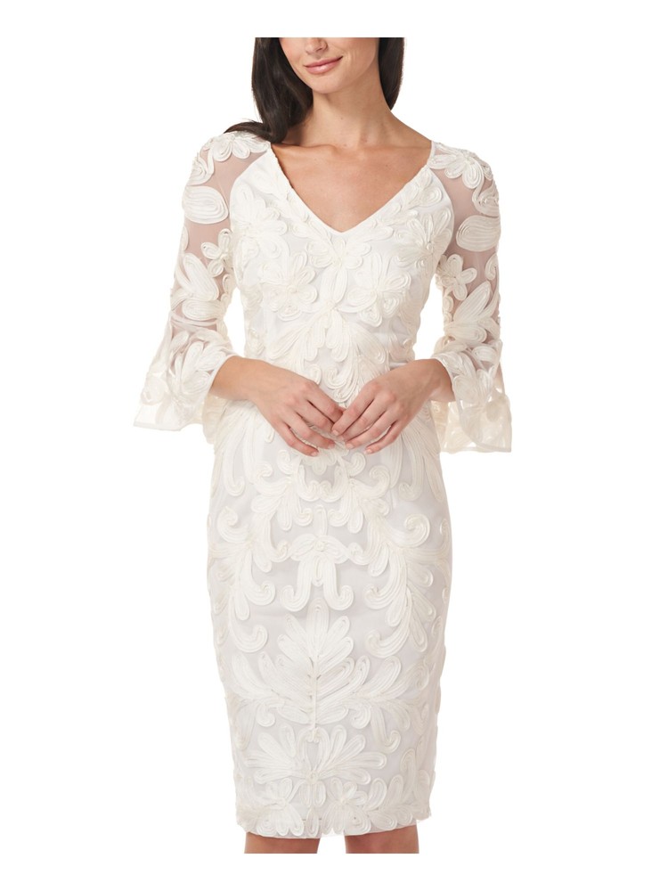 JS COLLECTION Womens White Lined Bell Sleeve Below The Knee Body Con Dress 4