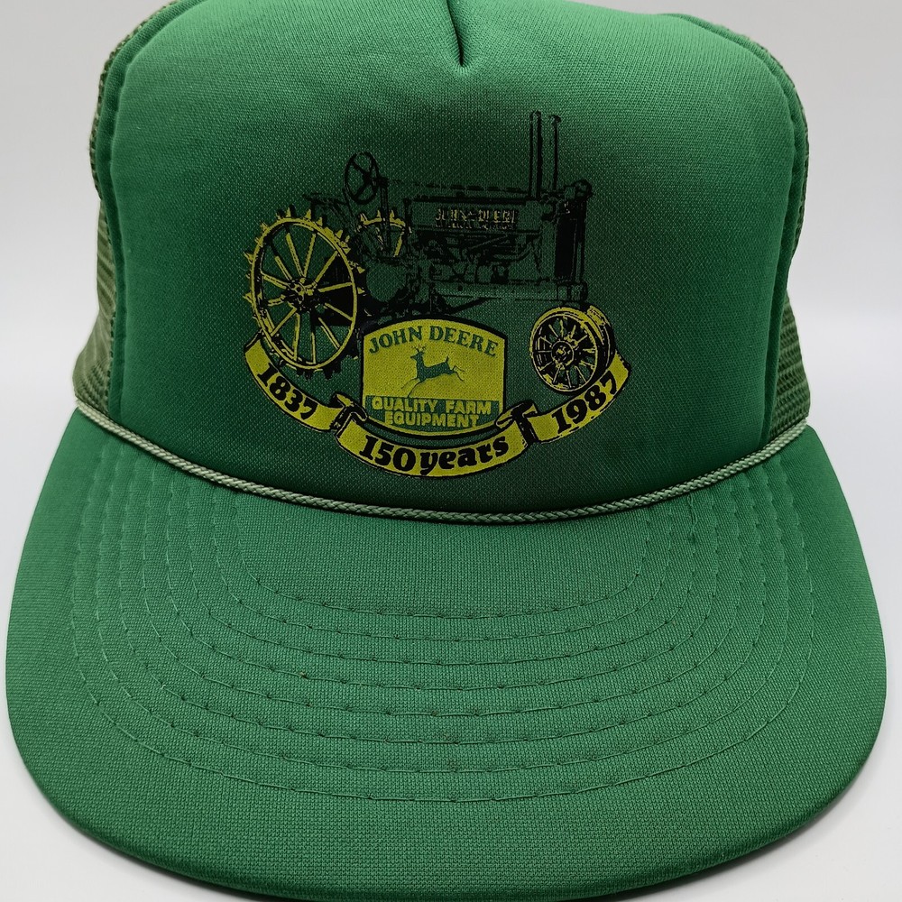 Vintage John Deere 150 Years Snapback Hat with Rope Green Yellow Mesh 1837-1987