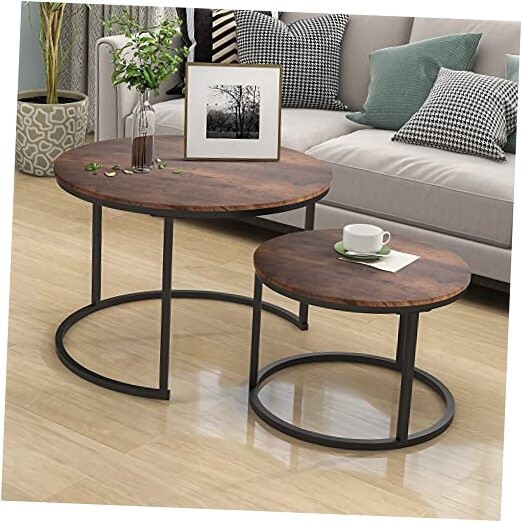 Industrial Round Coffee Table Set of 2 End Table for Living Large Brown