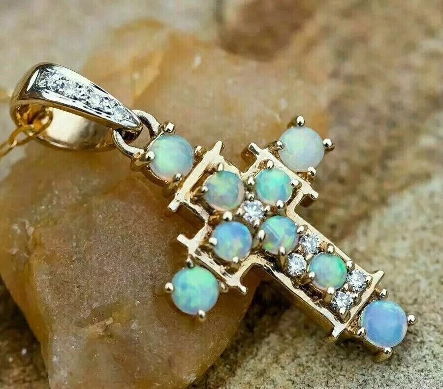 3Ct Round Cut Fire Opal & Diamond Cross Pendant 14K Yellow Gold Over Rope Chain