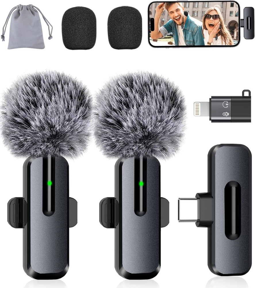 Wireless Mini Microphone 2 Pack Lavalier Bluetooth Mic for iPhone iPad Android