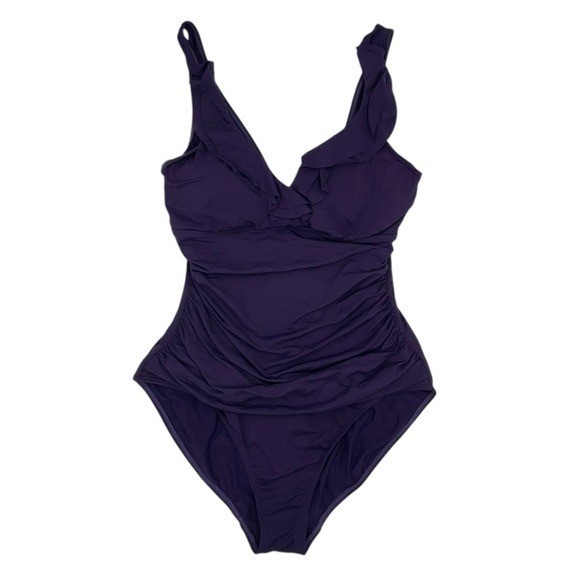 Lauren Ralph Lauren Ruffle Surplice One Piece Swimsuit Eggplant Purple Size 12