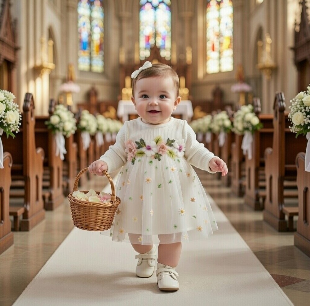 Premium Baby Girl Floral Embroidery Mesh Princess Dress–Long Sleeve| 12-18 Month