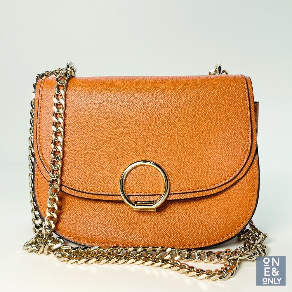 NYC Vegan Orange Pebble Leather Crossbody Purse with Gold Chain
