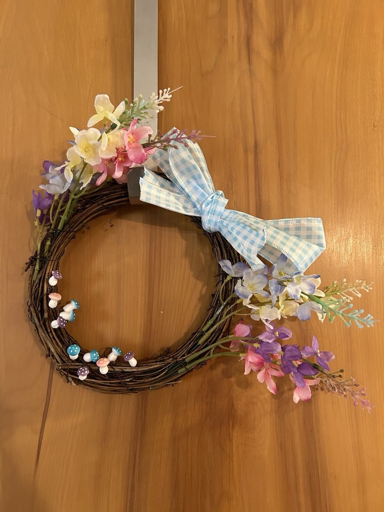 8-Inch Grapevine Spring Wreath with Larkspurs Mushrooms and Bow Springtime Decor