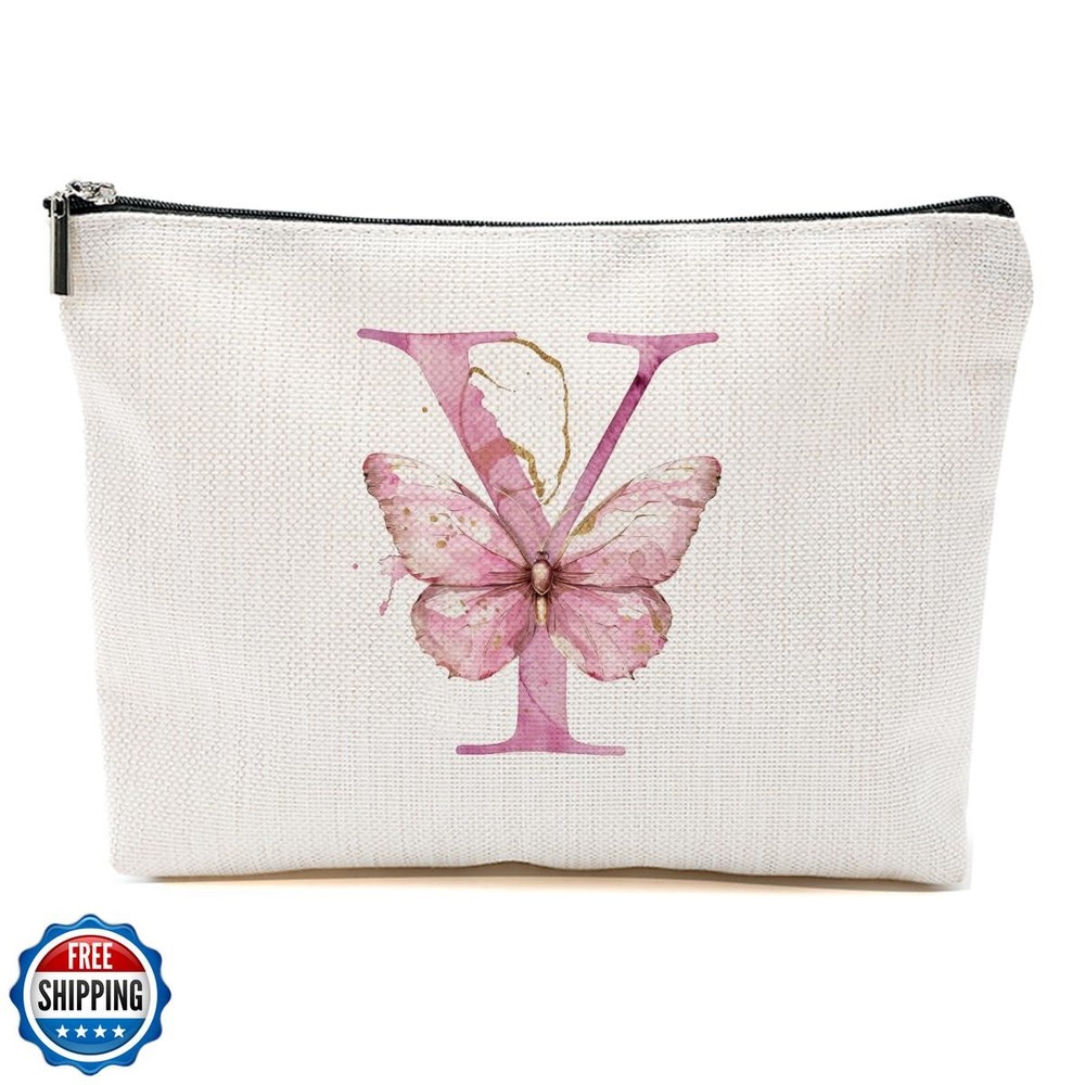 Pink Butterfly Monogrammed Makeup Bag Personalized Cosmetic Pouch Gift