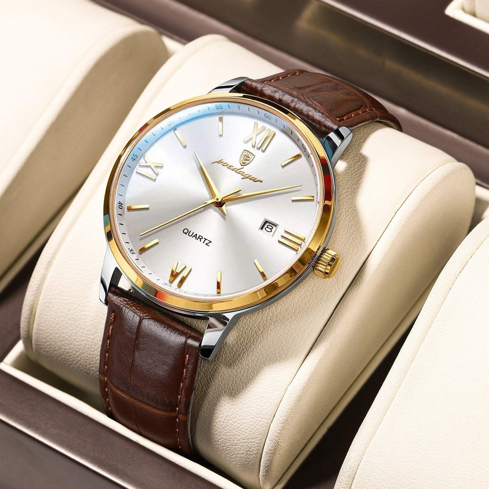 Men's Luminous Waterproof Casual Quartz Watch with Calendar and Leather Strap