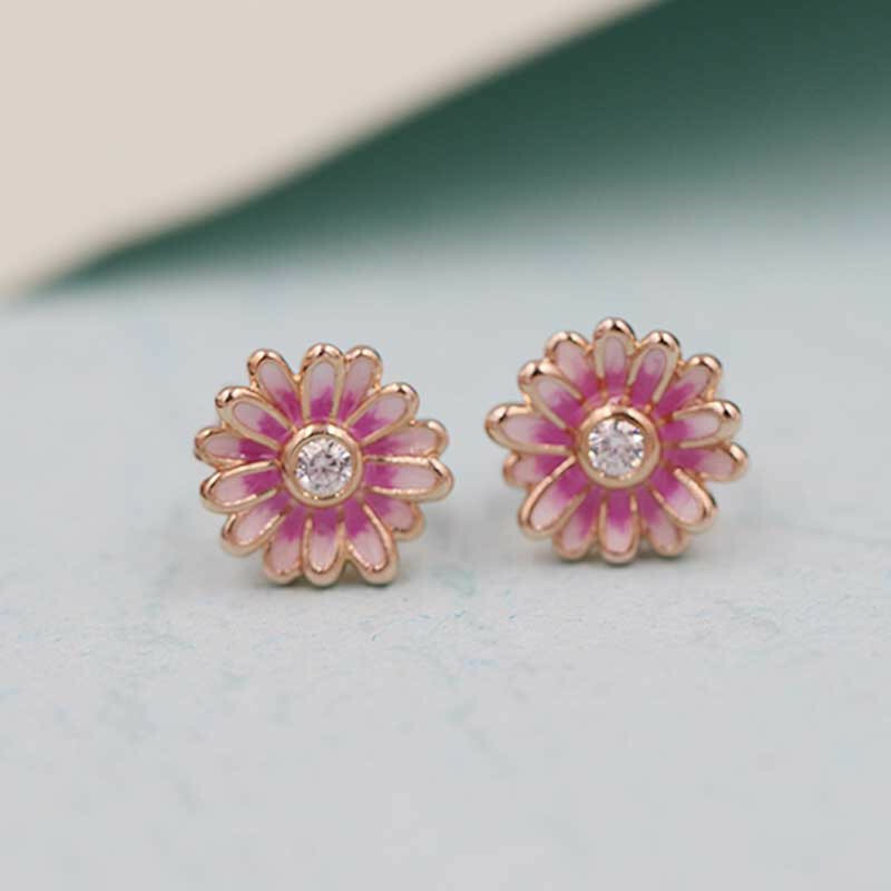 New 925 Sterling Silver Pink Daisy Stud Earrings - Authentic & Stylish