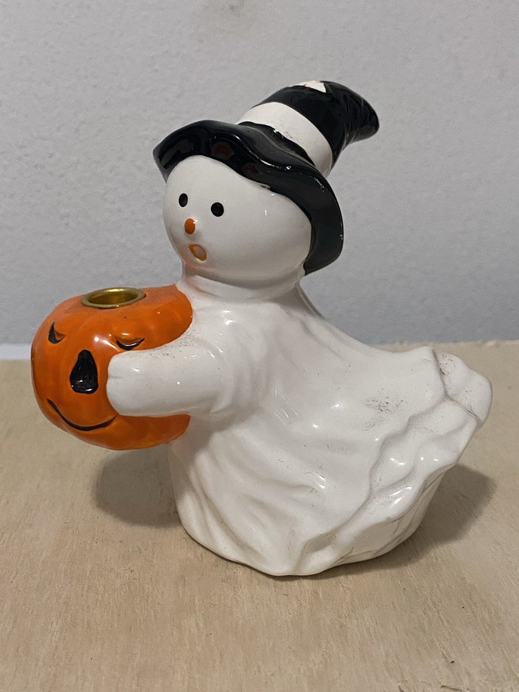 Ghost Holding A Pumpkin Candle Holder Halloween Decoration Ceramic Figurine