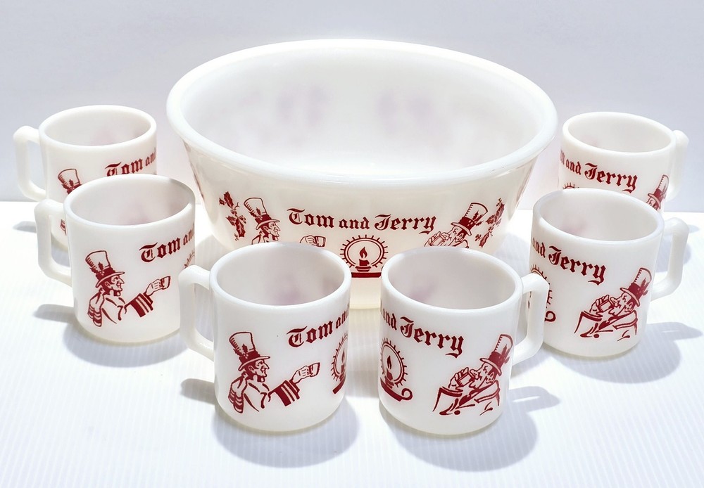 Vintage Milk Glass Hazel Atlas Egg Nog Bowl Tom & Jerry With 6 Matching Mugs