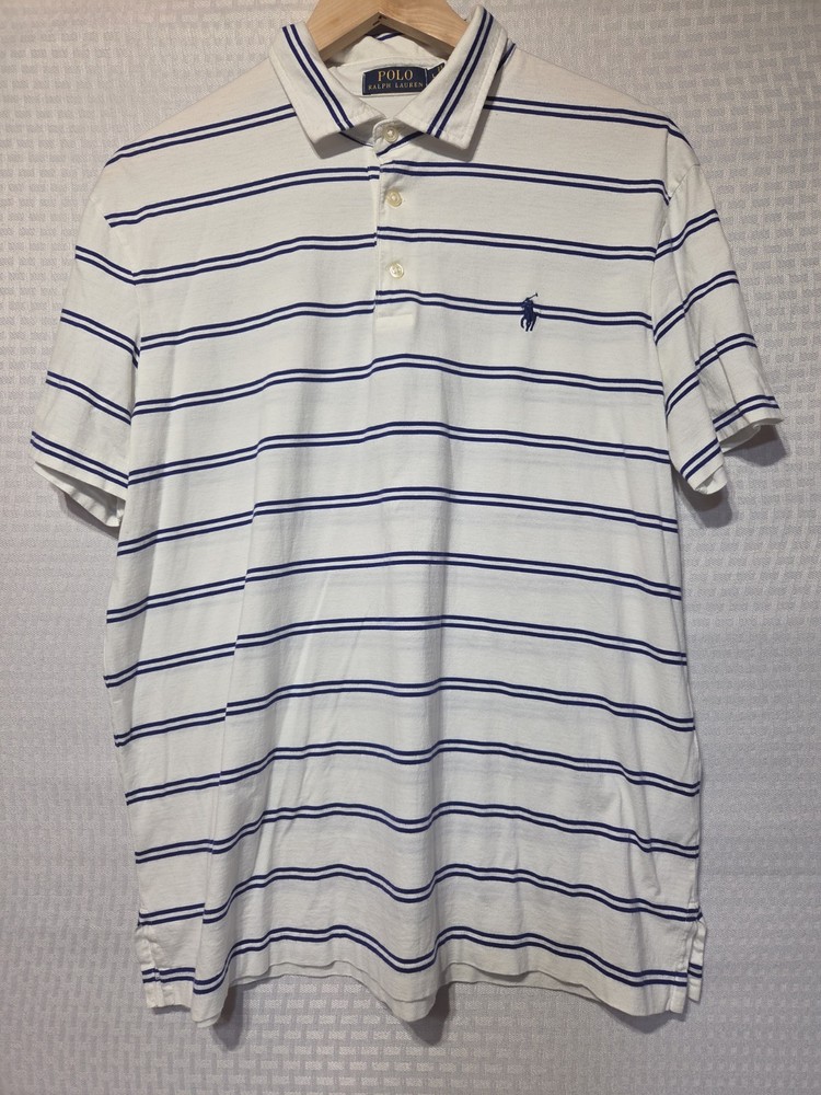 Polo Ralph Lauren Men’s Large Pima Cotton Striped Polo Shirt White Blue Classic