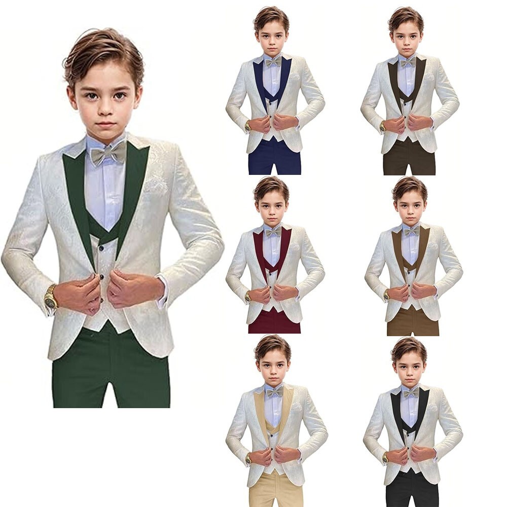 Jacquard Satin Boys Tuxedo Suit Slim Fit 3 Piece Suit Wedding Ring Bearer Outfit