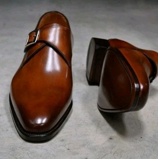 Handmade brown leather monk strap shoes, Slip on Men's Formal Dress Shoe