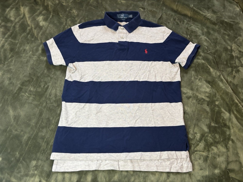 Polo Ralph Lauren Shirt Mens Large Blue Gray Striped Preppy Rugby Red Pony