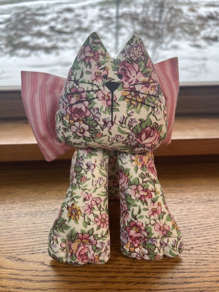 Floral Cat Kitty Shelf Sitter w/ Pink Bow Stuffed Animal Plush Decor Nursery 8