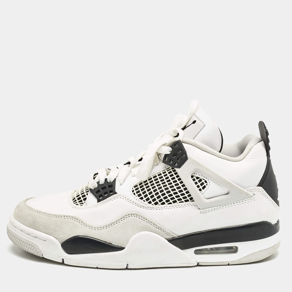Air Jordans WhiteBlack Leather Jordan 4 Retro Military Black Sneakers Size 42.5