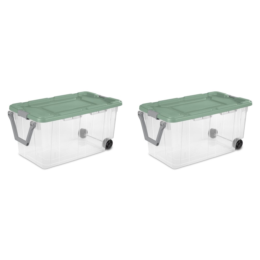 2-Pack Sterilite 160 Qt Wheeled Storage Tote Stackable Clear Lid Green