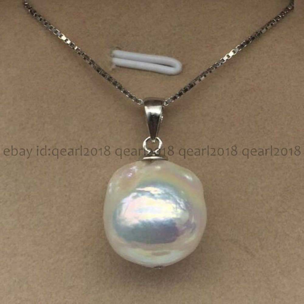 Huge 13-14mm White South Sea Baroque Edison Pearl Pendant 925 Chain Necklace