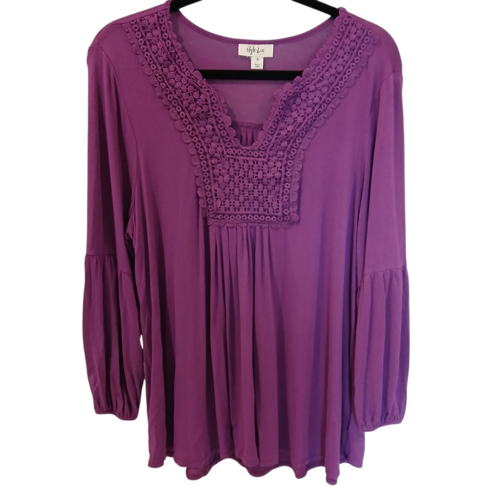 Style & Co Purple Crochet V-Neck Long Sleeve Blouse Top Plus 2X Boho Peasant